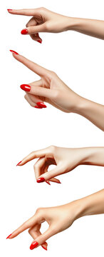 A PNG set of 4 women hands with the red nails in positions of holding imaginary object or pointing to something. Object placeholder creative idea. Gesture concept.