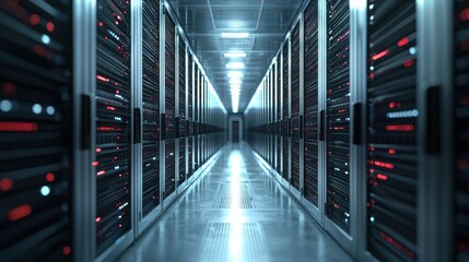 Obraz premium Digital Data Center Corridor: A Glimpse into the Heart of Modern Technology