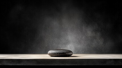 A black stone sits on a wooden table against a black background.