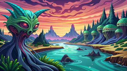 Abstract Hills with river and beautiful Sky for Gaming Posters and Ads, alien character