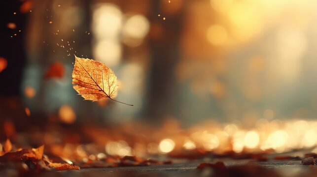 A single autumn leaf falling in a dreamy, blurred forest setting with warm, glowing bokeh lights. It symbolizes the beauty of nature, change, and the autumn season