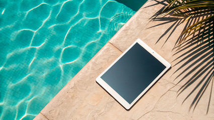 Tablet on a towel next to a clear turquoise pool. Bright Riviera morning, relaxed luxury and creative tech lifestyle.
