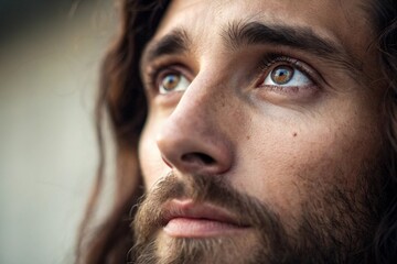 close-up portrait of jesus christ with emotional upward gaze depicting faith hope and spiritual devotion religious artwork
