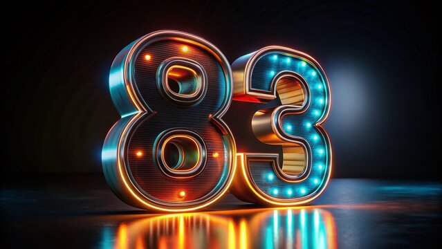 3D Rendered Number Eighty-Three Percent, Illuminated Night Scene, Isolated on Black Background