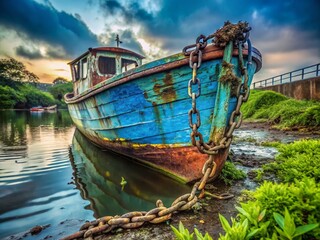 Obraz premium Abandoned Blue Boat Moored by Chain, Urban Decay, Grungy Waterfront