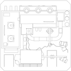 A drawing of a Factory with a large open space and a buildings.