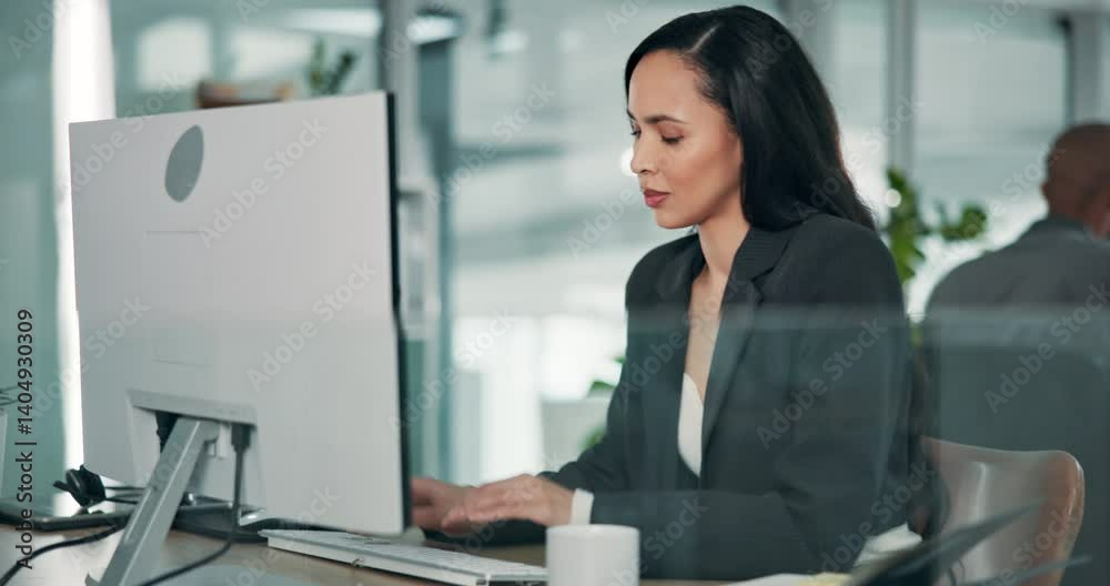 Poster tired, thinking and woman with computer, office or employee with burnout for project and workload. c