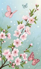 Fototapeta premium Beautiful Flowering Branches with Butterflies and Soft Background 