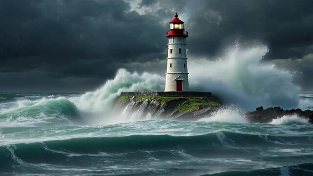 White lighthouse on cliff guiding ships during a big ocean storm with huge waves crashing