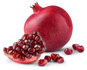 Pomegranate isolated png. Pomegranate with chunk and seeds on white or transparent background....