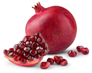 Pomegranate isolated png. Pomegranate with chunk and seeds on white or transparent background. Whole and broken pomegranate piece no background composition. Perfect retouched transparent png.