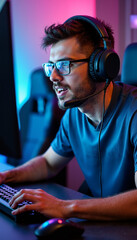 Young Man Gamer Headset Gaming Computer