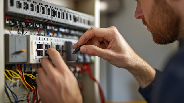 Electrician upgrading home fuse box. Featuring electrical upgrades and fuse box installation