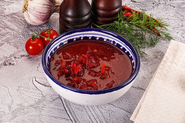 Homemade red soup Borsch with cabbage