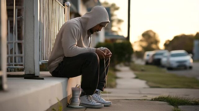 A worker mending a jacket on a stoop in evening light