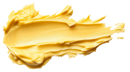 Creamy yellow shea butter smear texture, slightly oily shine, top view, white background, ultra high-res PNG for cosmetic use
