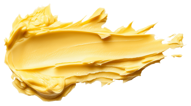 Creamy yellow shea butter smear texture, slightly oily shine, top view, white background, ultra high-res PNG for cosmetic use
