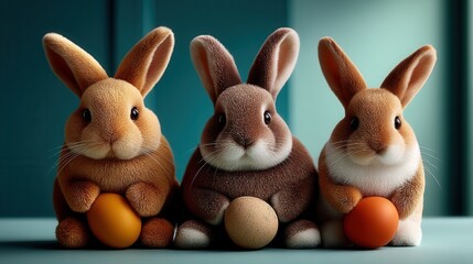 Adorable stuffed bunnies posing with eggs against teal background