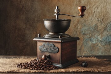 Vintage coffee grinder with beans on rustic burlap surface.