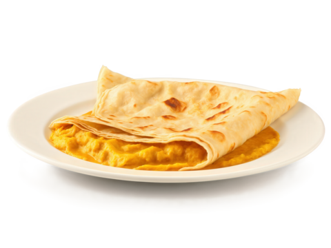 Flaky, crispy Roti Canai served with dhal curry, golden-brown and rich yellow tones, isolated on transparent background,