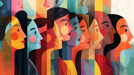 Vibrant and colorful illustration of diverse people from various ethnicities,DEI theme strategy.