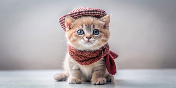 Adorable British Shorthair Kitten in Fashionable Outfit, Studio Shot