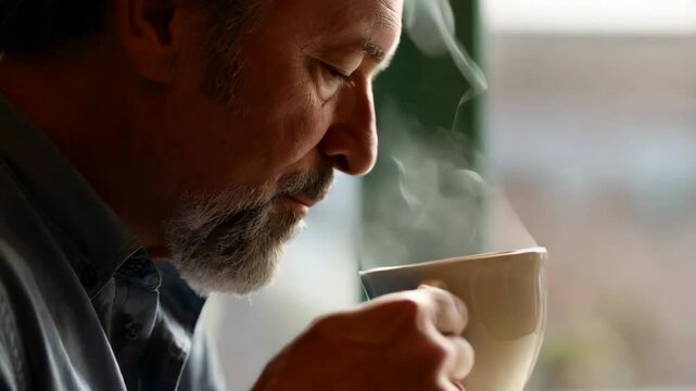 A Middle Eastern man savors a steaming cup of coffee while seated indoors, illuminated by soft natural light from a nearby window