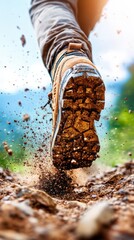 Hiking boots kick up dust on a rocky mountain trail during a bright outdoor adventure