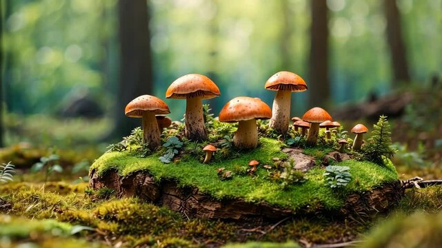 Mushrooms boletus cap group in the forest green grass, Miniature landscape, spring,  forest 3D stereoscopic effect