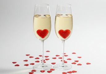 Two champagne flutes filled with bubbly liquid and red heart shaped candies on a white background