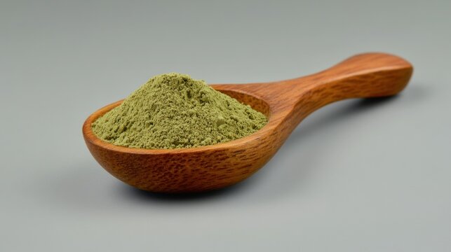 Kratom powder resting in wooden spoon on gray background