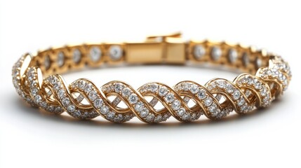 A sleek yellow gold bracelet set with brilliant diamonds, isolated on a bright white background