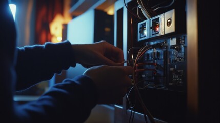 Electrician wiring a home theater system. Featuring home entertainment setup and electrical wiring