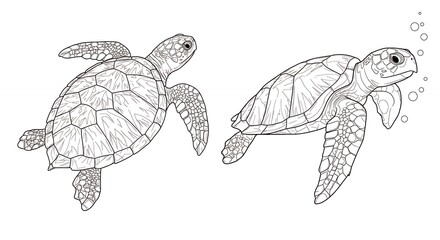 Swimming Sea Turtles Illustration Two Turtles in Water