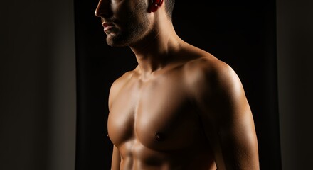 Fototapeta premium Torso of athletic man showing muscular physique in studio lighting