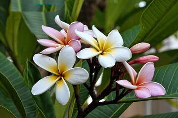 Obraz premium White-yellow-pink flowers of plumeria on the branch