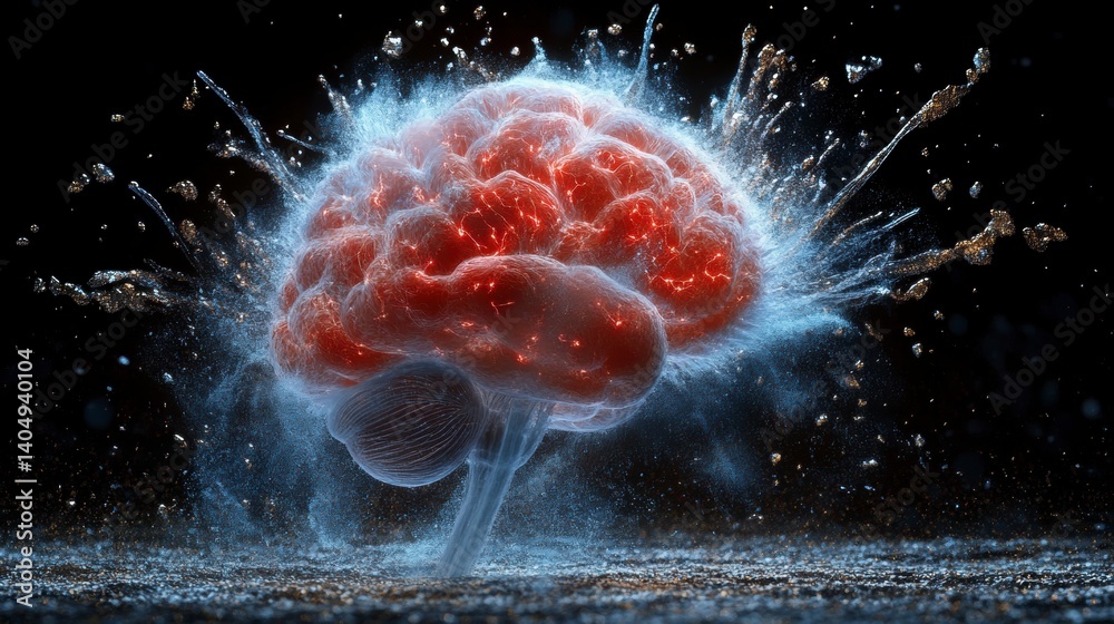 Poster abstract 3d rendering of a brain splashing in water, with glowing particles. dark background.