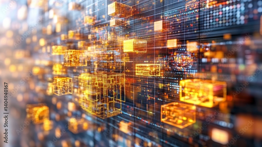 Poster abstract digital background with glowing golden cubes and lines, creating a complex network.