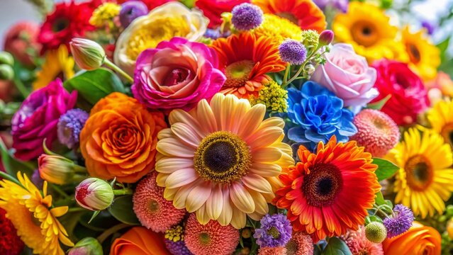 Aerial View Closeup Vibrant Flower Bouquet, Spring Floral Arrangement