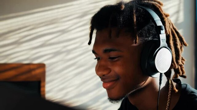 A young Black man enjoys listening to music through headphones, smiling contently in a brightly lit room infused with warm sunlight