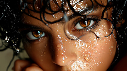 Portrait of a dark-skinned girl with short black curly hair, bright brown eyes and long black eyelashes, her face covered with water droplets. Face close-up