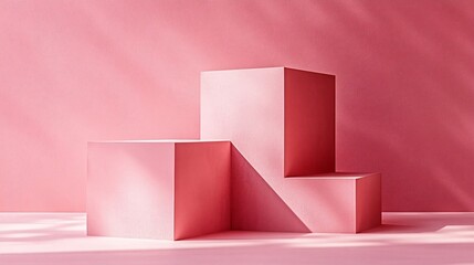 Pink minimalist cubic podiums arranged in abstract geometry on soft pink background