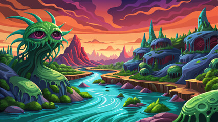 Wallpaper view of alien planet with river, abstraction, mysterious land of the galaxy under a strange colored sky, game banner