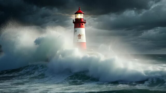 White lighthouse on cliff guiding ships during a big ocean storm with huge waves crashing - Powered by Adobe
