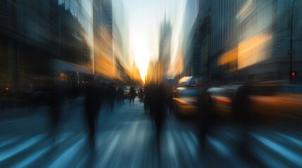 Blurred people and cars moving on a busy street at sunset in new york city