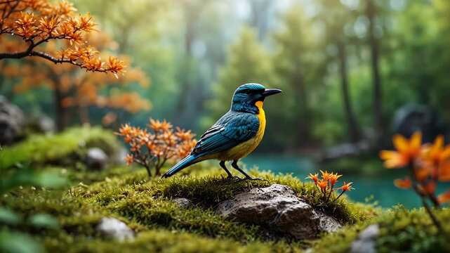 Spring miniature forest landscape with a beautiful little colorful bird sitting on green grass with trees on background