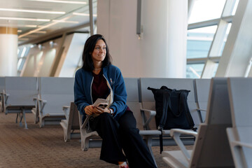 Woman Waiting at Airport Gate with Boarding Pass and Smartphone in Hand - Life Moments of Travel in Departure Hall