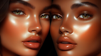 Portrait of two beautiful girls, models of different races and with different hairstyles, who pose for the camera touching faces. Close-up