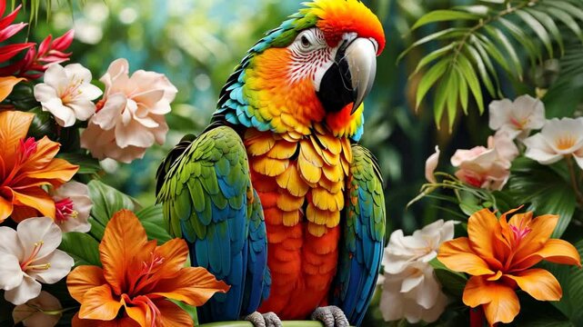 Colorful parrot on a branch with tropical flowers on palm green leaves background