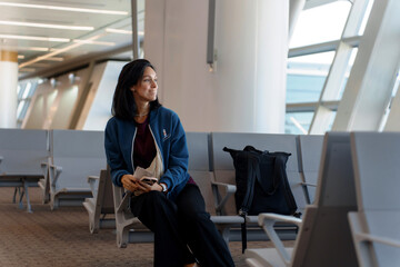 Woman Waiting at Airport Gate with Boarding Pass and Smartphone in Hand - Life Moments of Travel in Departure Hall